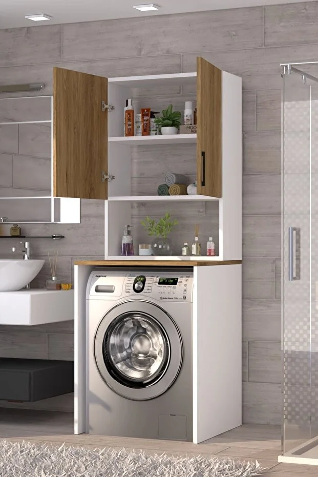 Üst Dolaplı Çok Amaçlı Çamaşır Makinesi Banyo Dolabı Beyaz